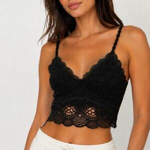 Black Crochet Lace Longline Bralette V-Neck Brami Top